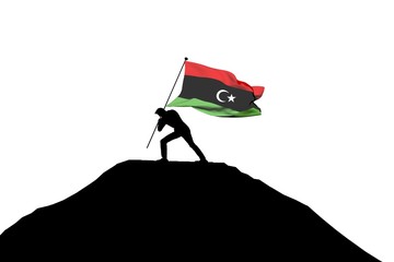 Libya flag being pushed into mountain top by a male silhouette. 3D Rendering