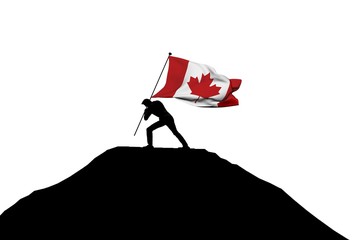 Canada flag being pushed into mountain top by a male silhouette. 3D Rendering