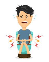 Young man sitting toilet seat with diarrhea,food poisoning,stomach pain problem.Vector flat cartoon illustration character icon.Isolated on white background. diarrhea sick concept