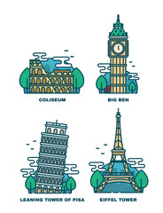 European Attractions.Paris Eiffel Tower.Rome Coliseum.Paris Eiffel Tower. Leaning tower of Pisa.Big Ben London.Vector modern line outline flat style illustration