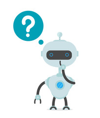 Robot man thinking. Vector flat cartoon illustration character icon.Isolated on white background. Robot standing under question mark concept