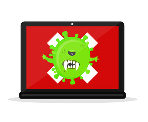 Angry virus in the laptop computer. Vector modern flat style cartoon character illustration. Isolated on white background. Computer danger, virus, antivirus, hacking concept