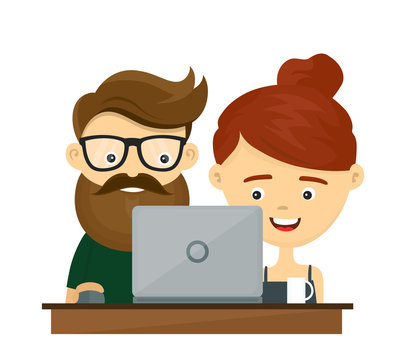 Young hipster couple man and woman sitting in front of laptop computer.Vector flat cartoon iluustration character icon. Isolated on white background. Online shopping at home concept