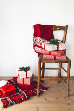 Red theme Christmas corner with gifts