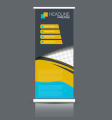 Roll up banner stand template. Abstract banner background for design,  business, education, advertisement. Blue and yellow color. Vector  illustration.