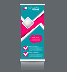 Roll up banner stand template. Abstract banner background for design,  business, education, advertisement. Blue and pink color. Vector  illustration.