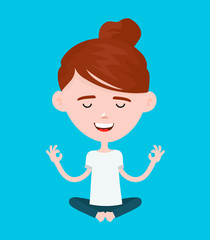 Woman in a lotus yoga pose relaxes. Vector modern flat style cartoon character illustration. Isolated on white background.