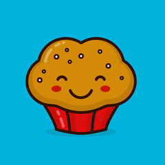 Cute happy smiling muffin cupcake. Vector modern line outline flat style cartoon character illustration icon. Isolated on blue background.