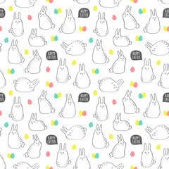 Vector seamless pattern with cute rabbits and eggs for Easter design. Easter Day background.
