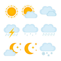 Weather forecast, metcast signs. Vector modern flat style cartoon illustration icon. Isolated on white background. Sun, clouds, rain, thunder, snow