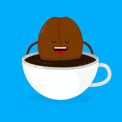 Cute smiling happy coffee bean lies in coffee cup. Vector modern style flat cartoon character illustration design icon. Isolated on blue background.  Creative concept for coffee cafe card