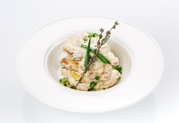 Restaurant food. Salad with bread in a plate. Delicious food.