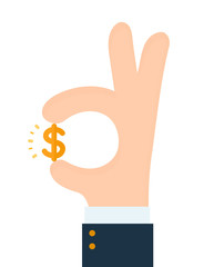 Obraz premium Businessman hand shows gesture okay with dollar sign. Vector modern style flat cartoon illustration design icon. Isolated on white background. Business success, profit,luck, money concept