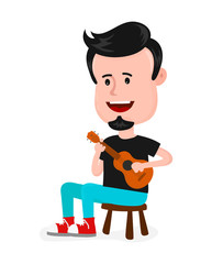 Young happy smiling man hipster singing and play on ukulele. Vector modern style flat cartoon character illustration design icon. Ukulele guitar concept