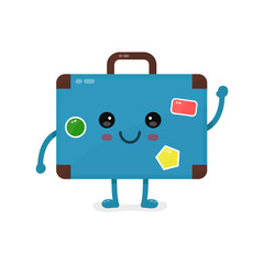 Cute happy smiling vintage old suitcase with stickers. Vector modern flat style cartoon character illustration. Isolated on white background.  Travel concept