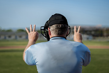 Back view of umpire making call at home plate