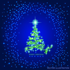 Abstract background with green christmas tree and stars. Illustration in blue and green colors. Vector illustration.