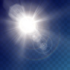 Sunlight special lens flare light. Sun flash effect isolated on transparent background. Vector illustration.