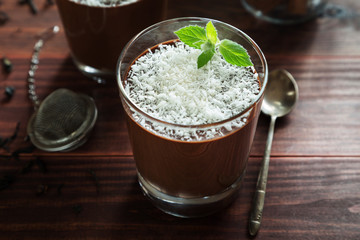 Chocolate mousse in glasses with mint