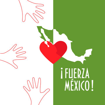 Vector illustration for charity and relief work after the Earthquake in Mexico city. Helping hands, heart and text in Spanish: Strong Mexico. Great as donation or charity support illustration.