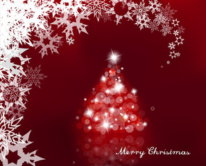 Lighted up Christmas tree with many lensflares on red background and Merry Christmas text.