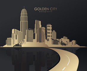 Golden cityscape with skyscrapers.