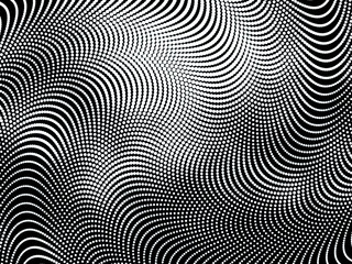 Bold black and white abstract halftone pattern with swirls and curves
