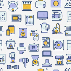 Home appliances seamless pattern with thin line icons: refrigerator, coffee machine, microwave, fryer. Household vector illustration for banner, web page, print media.