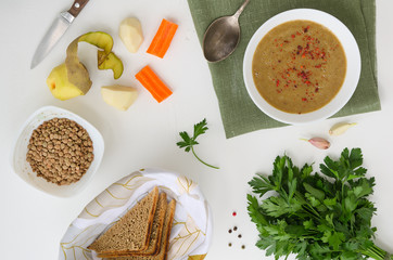 Lentil soup with ingredients