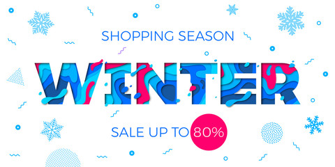 Winter sale shopping discount promo banner for seasonal holiday special offer design template. Vector blue text font for Christmas or New Year store or shop sale vector snowflake pattern background