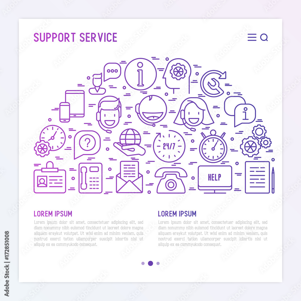 Poster support service concept in half circle with thin line call center or customer service icons. vector 