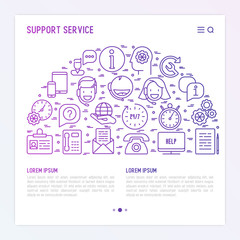 Support service concept in half circle with thin line call center or customer service icons. Vector illustration for banner, web page of support center with place for text.