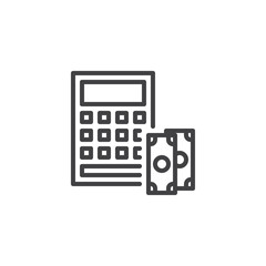 Calculator and dollar money line icon, outline vector sign, linear style pictogram isolated on white. Accounting symbol, logo illustration. Editable stroke