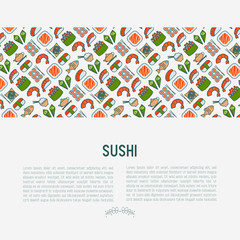 Japanese food concept with thin line icons of sushi, noodles, tea, rolls, shrimp, fish, sake. Vector illustration for banner, web page or print media.