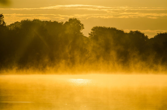 Fog on the river creates the illusion of boiling water