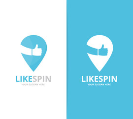 Vector of map pointer and like logo combination. GPS locator and best symbol or icon. Unique pin and hands logotype design template.