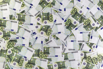 Pile of paper euro banknotes. Money as background. Top view.