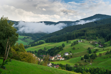 Black forest Germany with little village from above at dawn with fog
