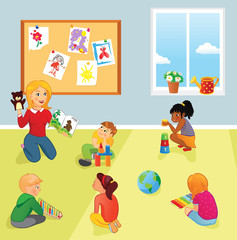 Elementary school class, teacher and kids