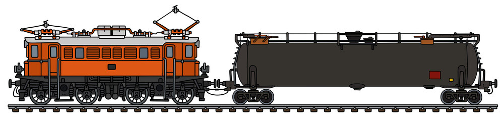 Classic electric locomotive and  tank wagon