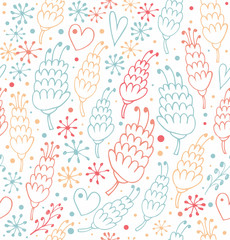 Colorful seamless pattern with flowers and hearts. Fantasy ornate background for prints, textile, scrapbooking, craft papers