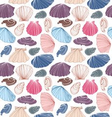 Seamless marine pattern with shells. Beautiful vector background with seashells