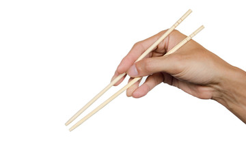 Hand holding chopsticks and ready to eat isolated on white background. Clipping path.