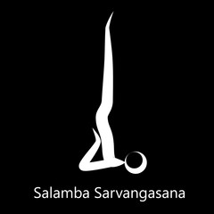 Supported Shoulderstand, Salamba Sarvangasana. Yoga Position. Vector Silhouette Illustration. Vector graphic design or logo element for spa center, studio, class, center, poster. Yoga retreat. White.