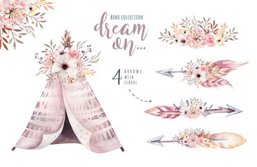 Watercolor colorful ethnic set of arrows, teepee and flowers in native American style.Tribal Navajo isolated illustration ornament on white background. © kris_art