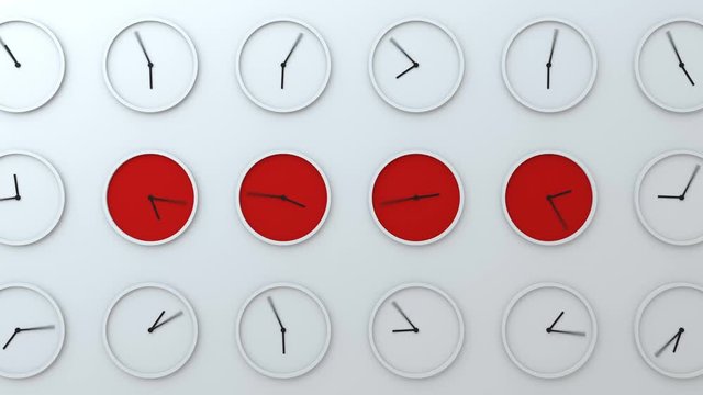 Many clocks on the wall, time flying fast, time zones, loopable background
