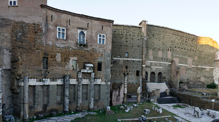 Fototapeta premium Panoramic of the Market of Trajan (Roman Emperor), seen at dusk with clear sky