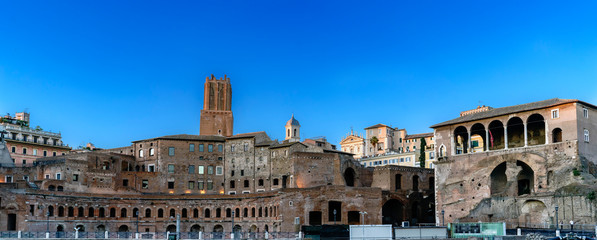 Panoramic of the Market of Trajan (Roman Emperor), seen at dusk with clear sky in Roma, Italy