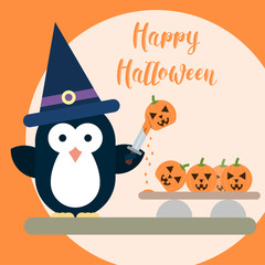 Flat penguin character stylized as witch with knife and with carved pumpkins. Halloween card template.