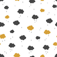 Vector Seamless pattern with raining clouds. Various black and gold clouds with rain drops on white background. Modern texture. - 172858488